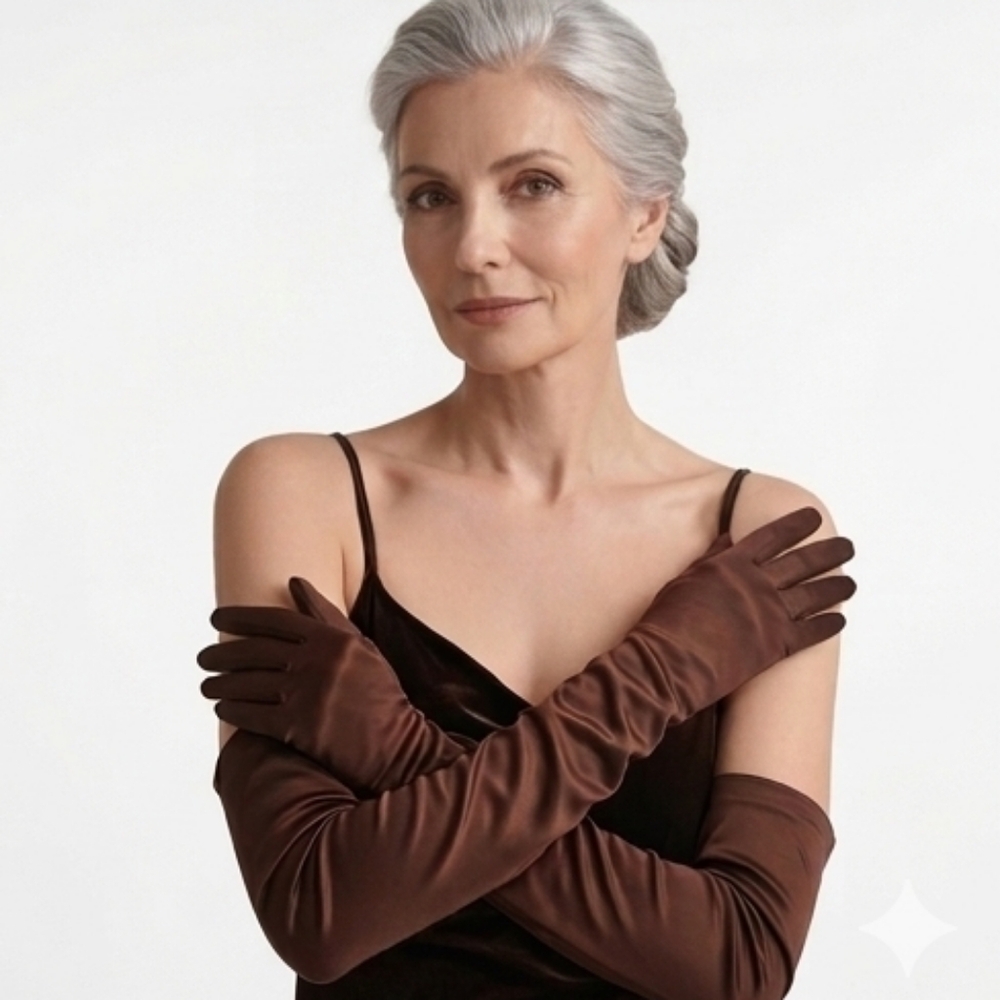 Beloved Millinery Elegant Fine Brown Satin Elbow Opera Gloves NWT